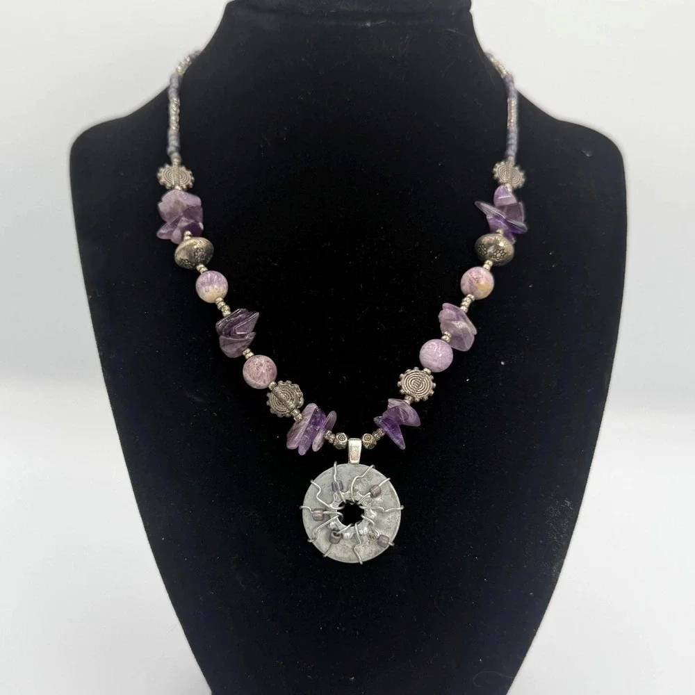 Vintage Purple Stone Beaded Necklace Pendant‎ Silver Tone Boho Statement